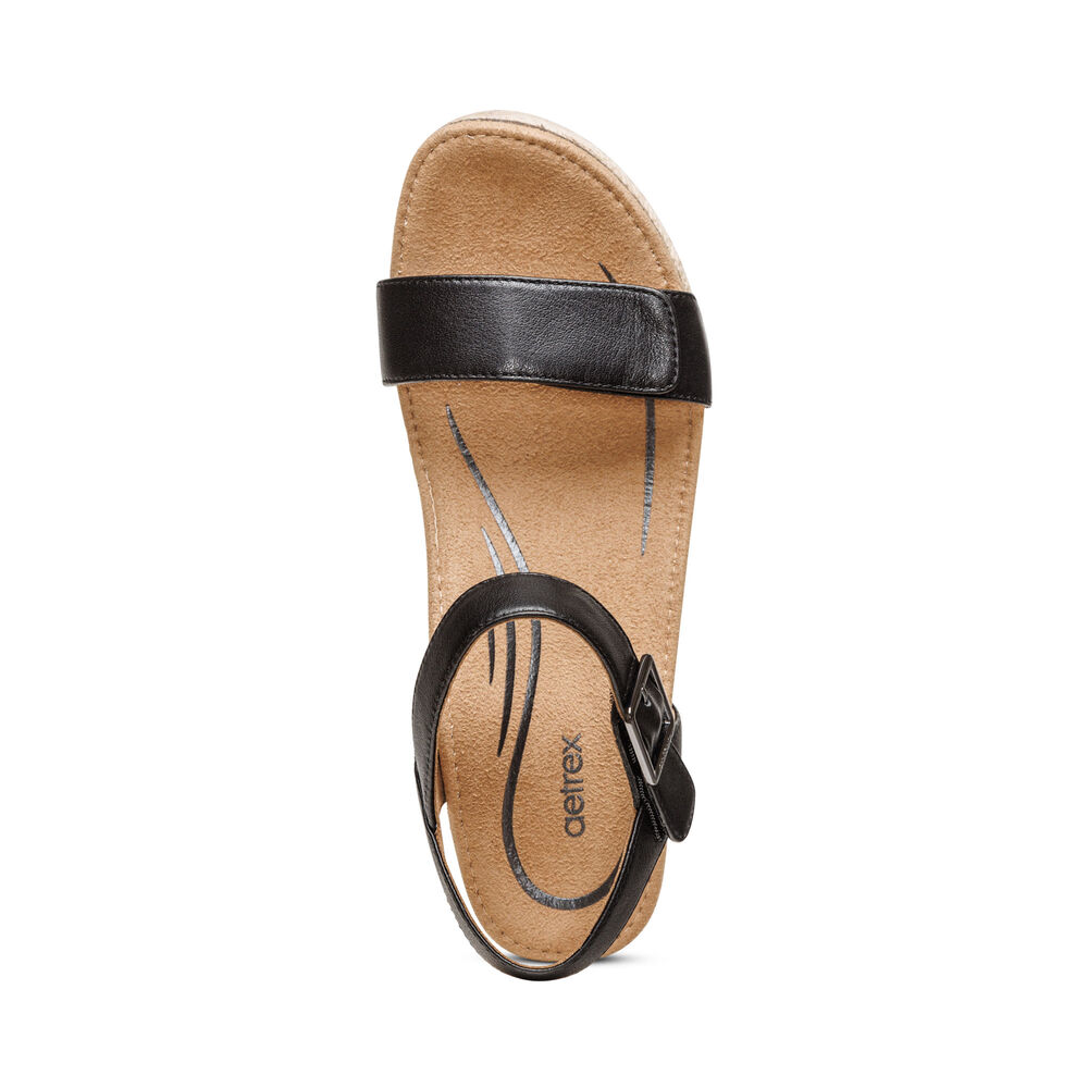 Aetrex Women's Sydney Quarter Strap Espadrille Wedge Sandals - Black | USA YTP32L7